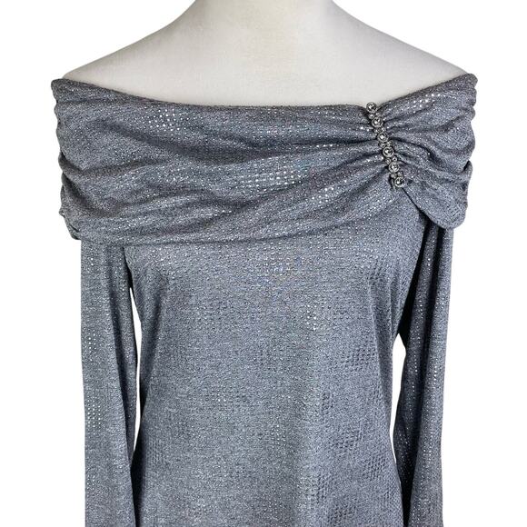 Frank Lyman NWT Dark Gray Silver Metallic Off the Shoulder Ruched Jewel Top - Picture 5 of 12